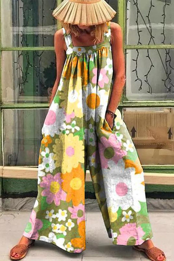 Loose Multicolor Sunny Flower Print Jumpsuit