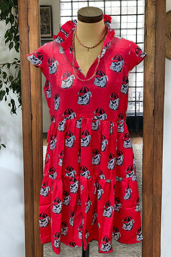 V-neck Ruffles Pleated Bulldog Print Dress