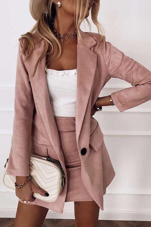Plain Pocket Design Blazer Coat & Skirt Set