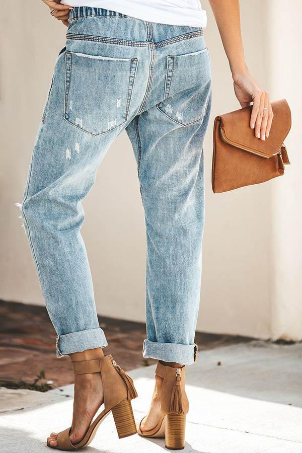 Drawstring Casual Blue Mom Jeans