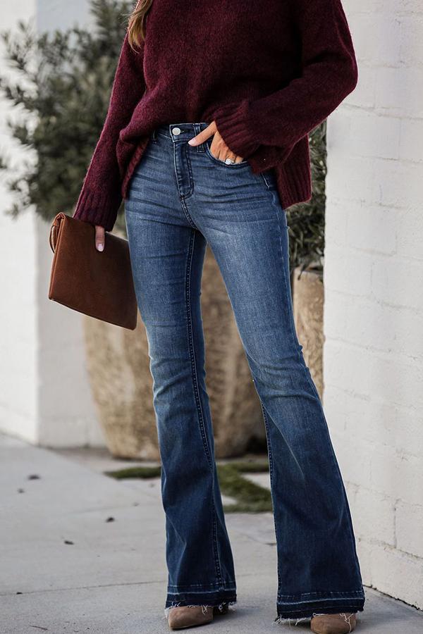 Unusual Solid Color Flared Jeans