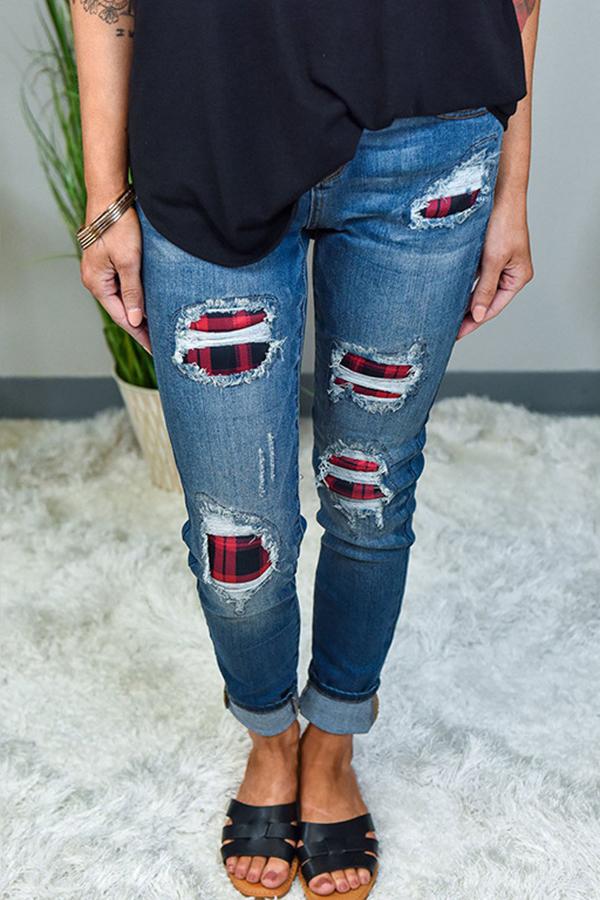 Casual Patchwork Skinny Fit Regular Waist Jeans