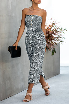 Printed Breast Wrap Button Tie Pocket Jumpsuit