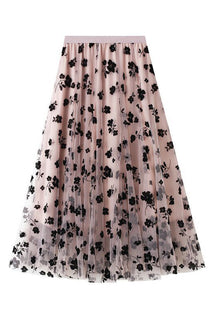 Jaclyn Flower Velvet Print Tulle Elastic Waist Midi Skirt
