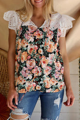 Printed V-Neck Sleeveless Lace Panel Casual T-Shirt