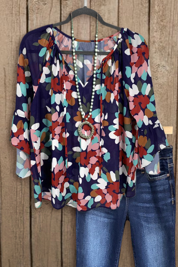 ABSTRACT FLORAL PRINT RUFFLE TOP