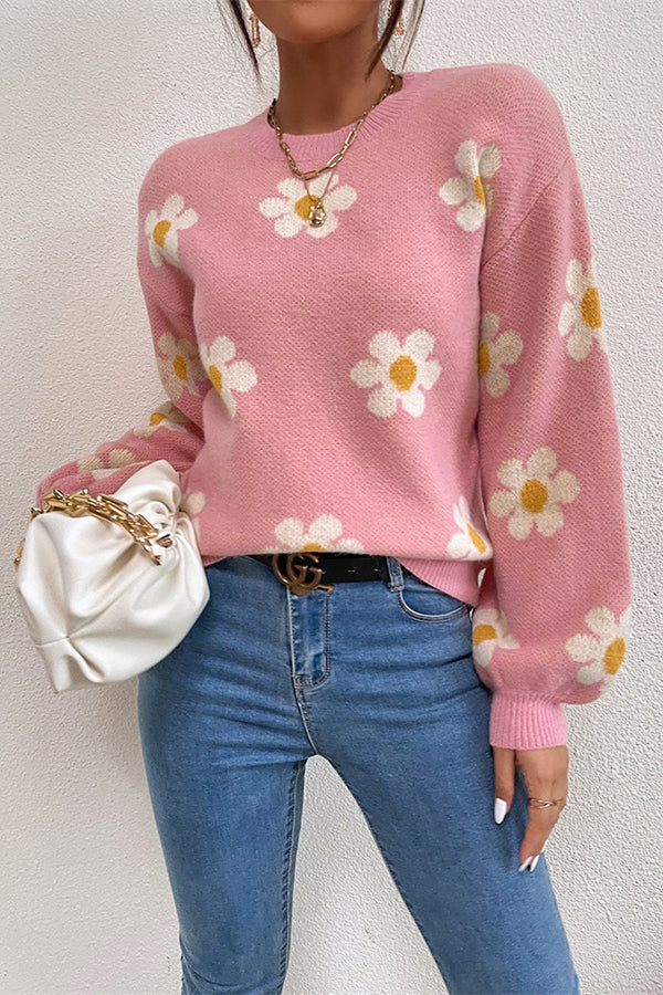 Floral Round Neck Jacquard Knitted Sweater Women's Top