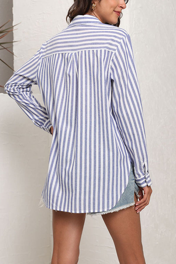 Linen Cotton Wash Stripe Single Breasted Long Sleeve Shirt