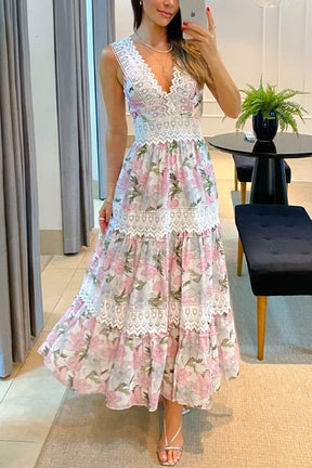 Sunny Garden Lace Trim Floral Midi Dress