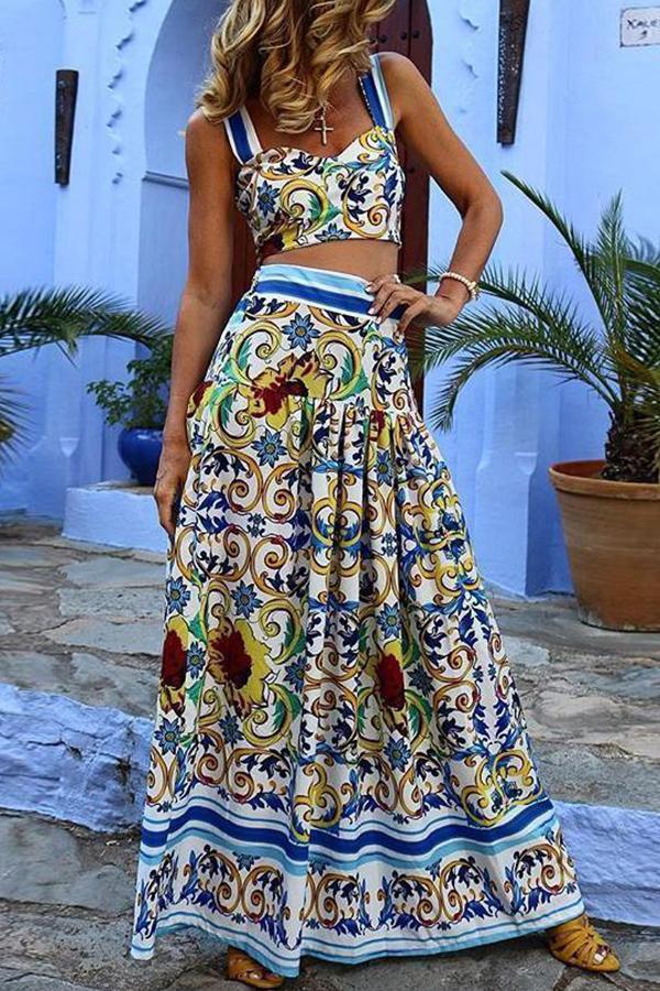 Two Piece Sets Light Sky Blue Polyester Straps Neck Printed Sexy Sleeveless Top With Long Skirt Women Outfit