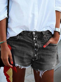 Casual Button Frayed Distressed Denim Shorts