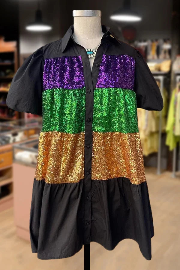 Color Block Sequin Bubble Sleeve Mini Dress