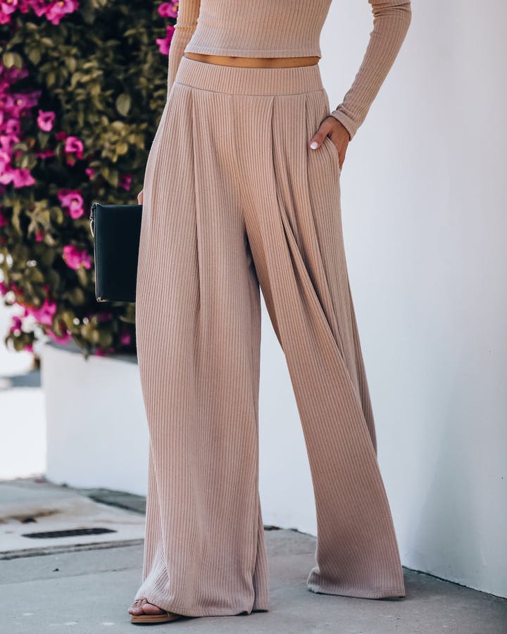 POCKETED RIBBED WIDE LEG PANTS
