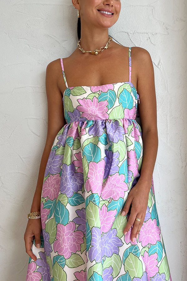 Garden Goddess Floral Printed Back Bow Design A-line Midi Dress