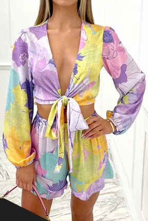 Glowing Girl Abstract Print Tie Front Shorts Suits
