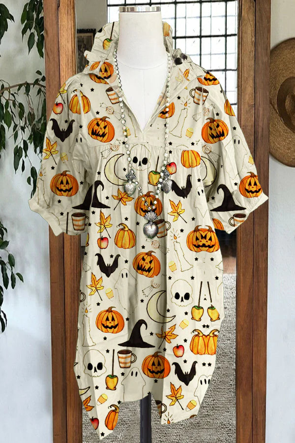 Elegant Pumpkin Color Block Print Paneled Puff Sleeved Midi Dress