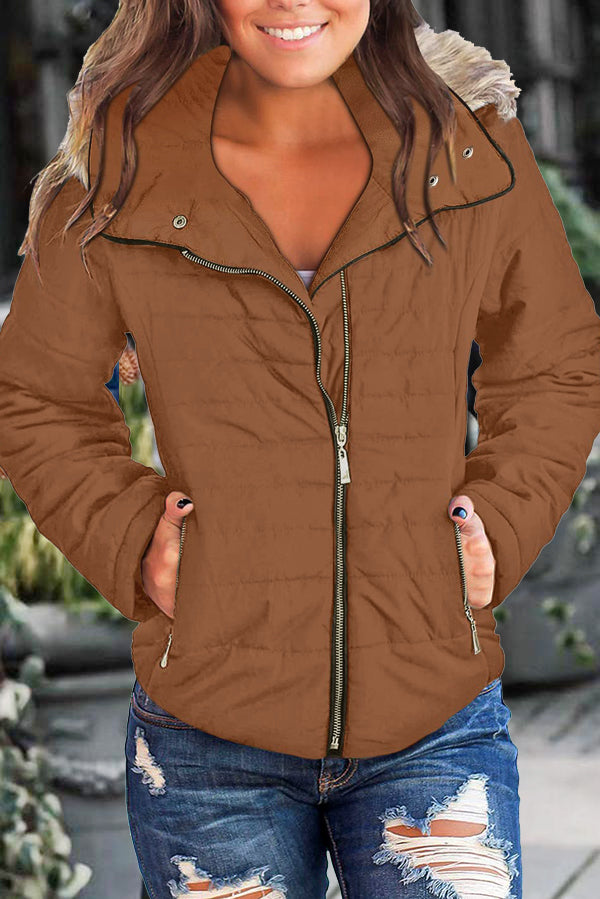 Women Casual Faux Fur Lapel Zip Pockets Quilted Parka Jacket