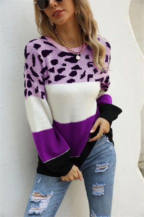 women's leopard print colorblock knitted sweater